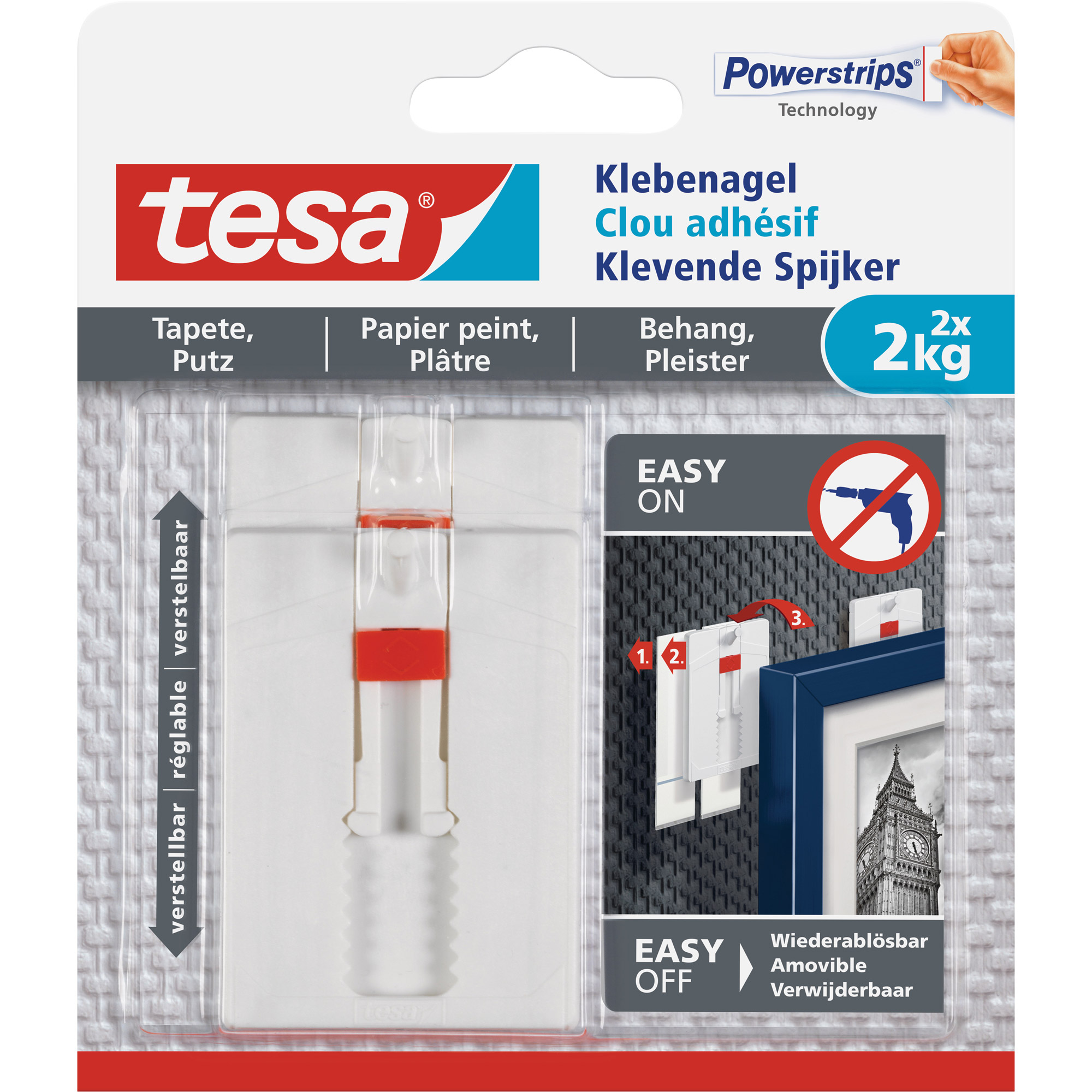 tesa Klebenagel, 2 Stück, für Tapeten und Putz, bis zu 2kg pro Nagel, verstellbar, weiß