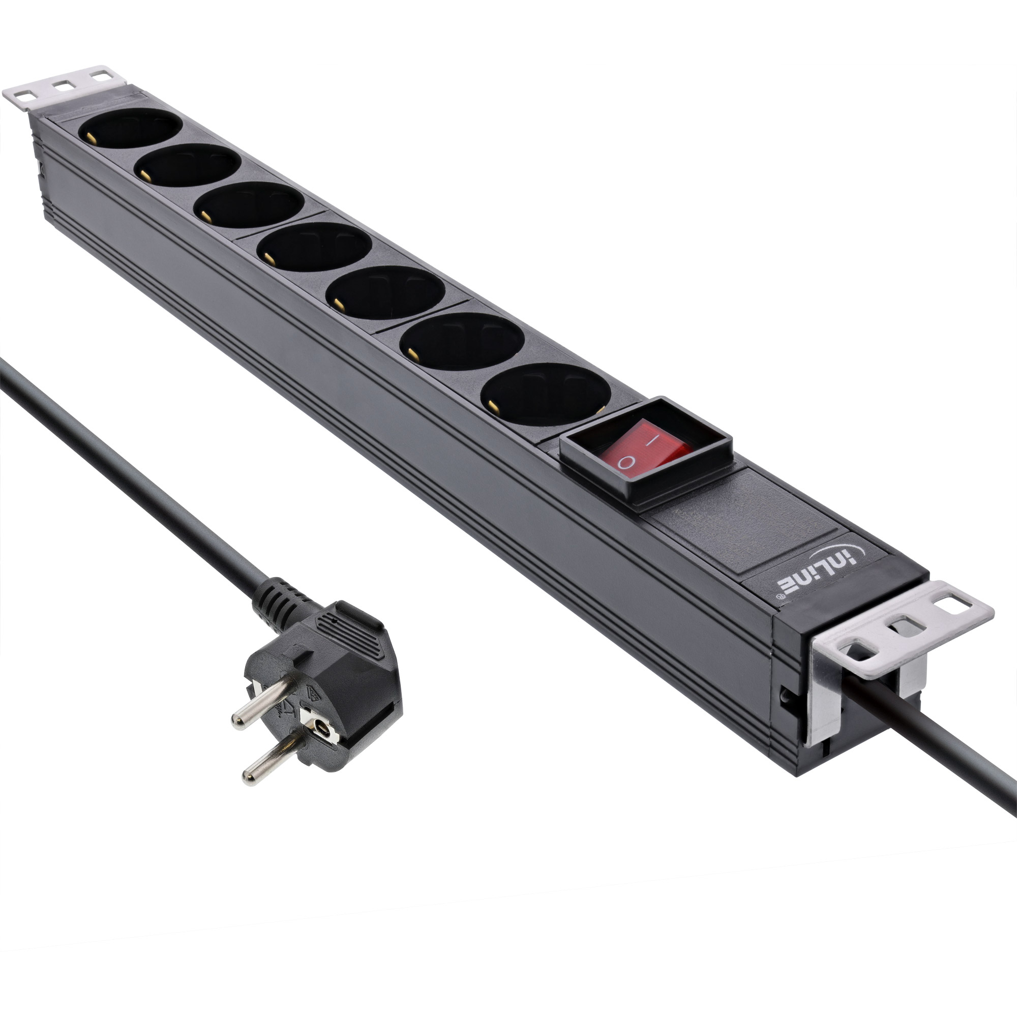 InLine® 19 Zoll Steckdosenleiste, 7-fach Schutzkontakt, mit Schalter, 2m, schwarz, variable Montagewinkel