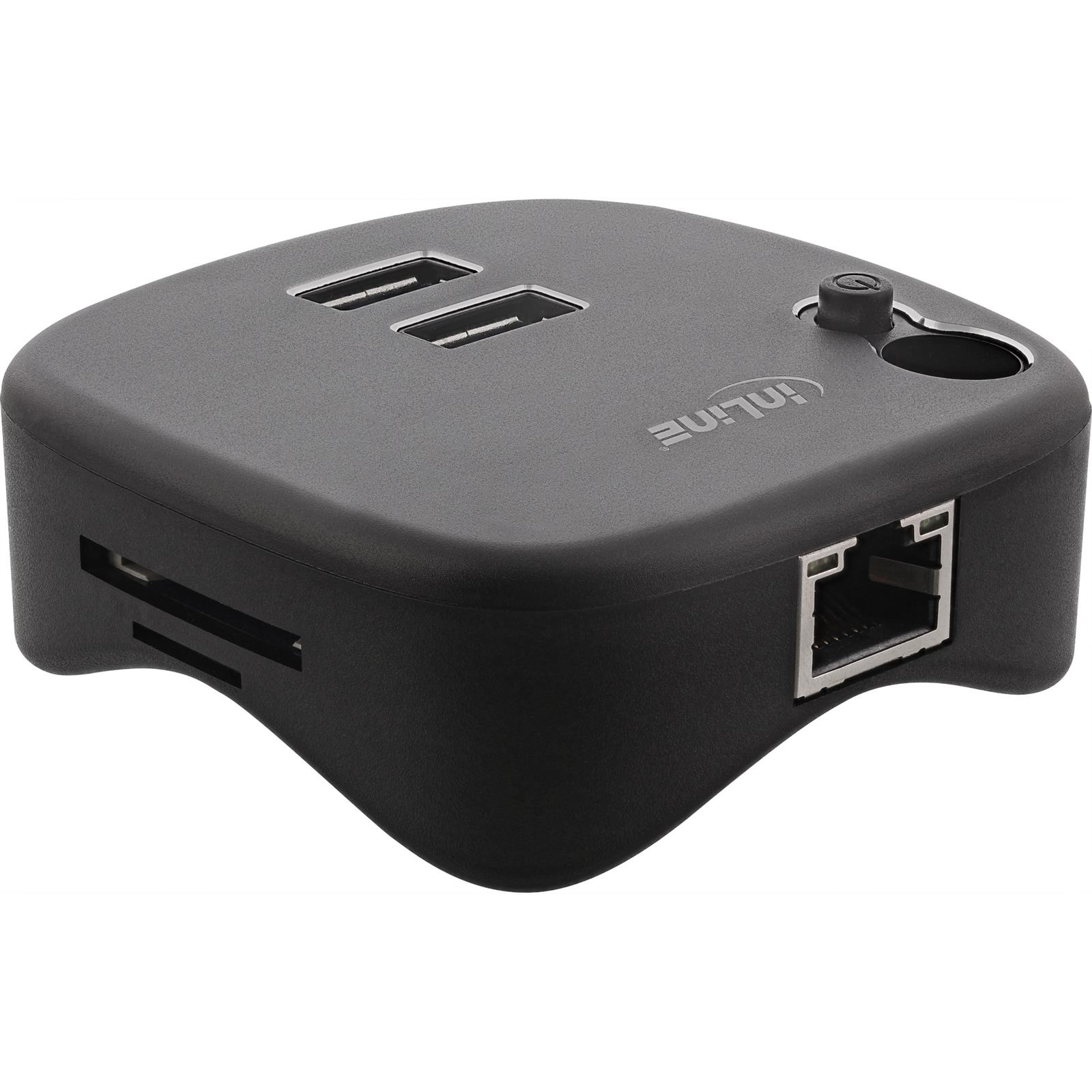 InLine® USB 3.0 Multiadapter, 2 x USB-A Gen.1, RJ45, SD/MicroSD Cardreader, schwarz