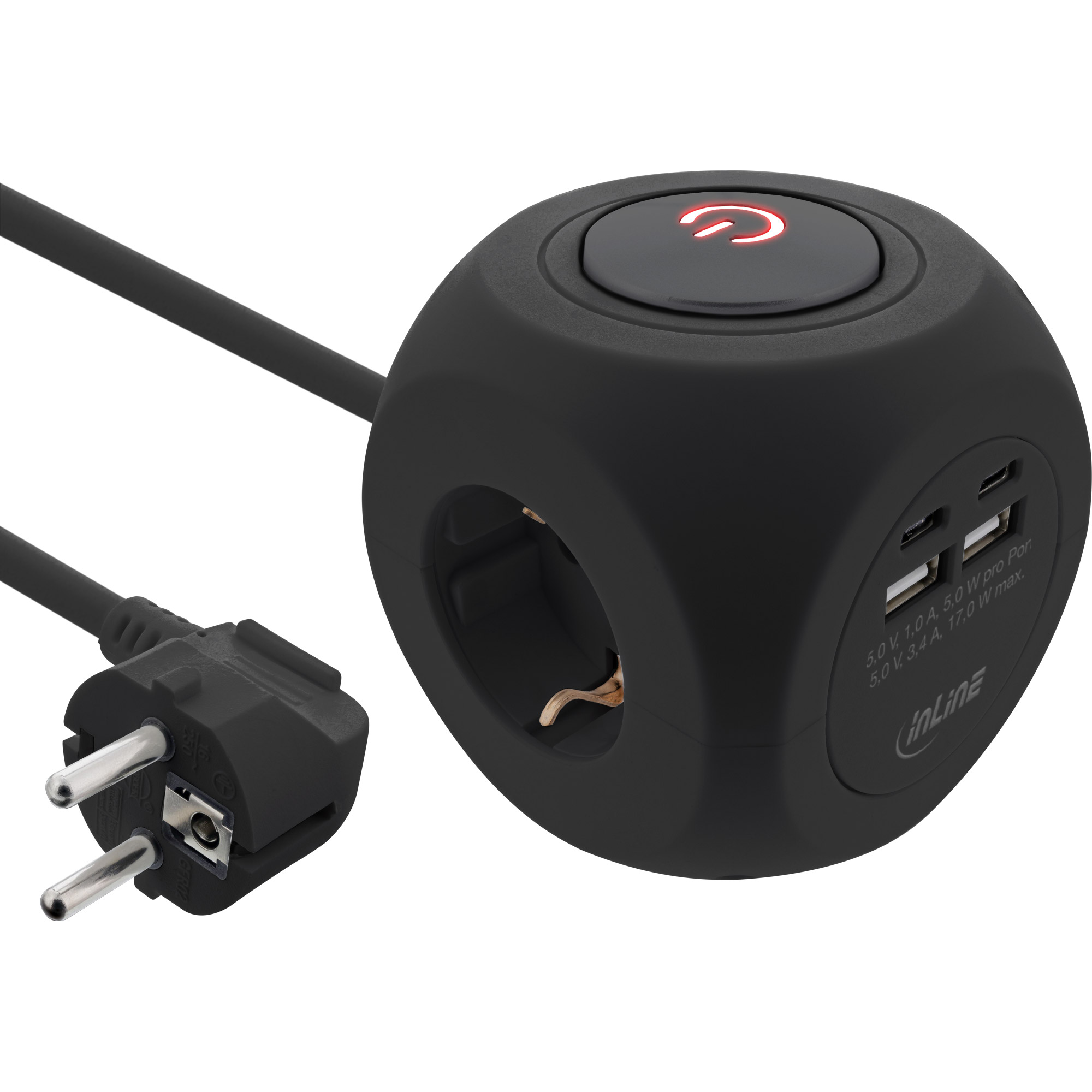 InLine® Charging Cube, 3x Schutzkontakt, 2x USB-C, 2x USB-A, schwarz, 2m