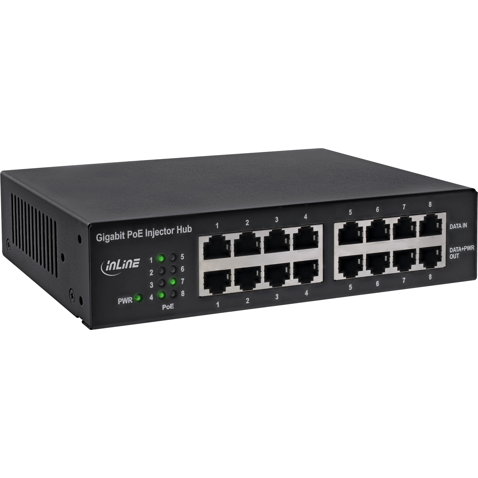 InLine® PoE+ Gigabit Netzwerk Injektor Hub 8 Port (8x PoE+), 1Gb/s, 19 Zoll 1HE (Winkel enthalten), Metall, lüfterlos