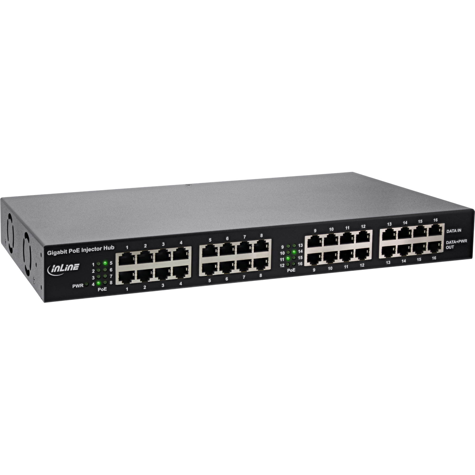 InLine® PoE+ Gigabit Netzwerk Injektor Hub 16 Port (16x PoE+), 1Gb/s, 19 Zoll 1HE (Winkel enthalten), Metall, 2 Lüfter