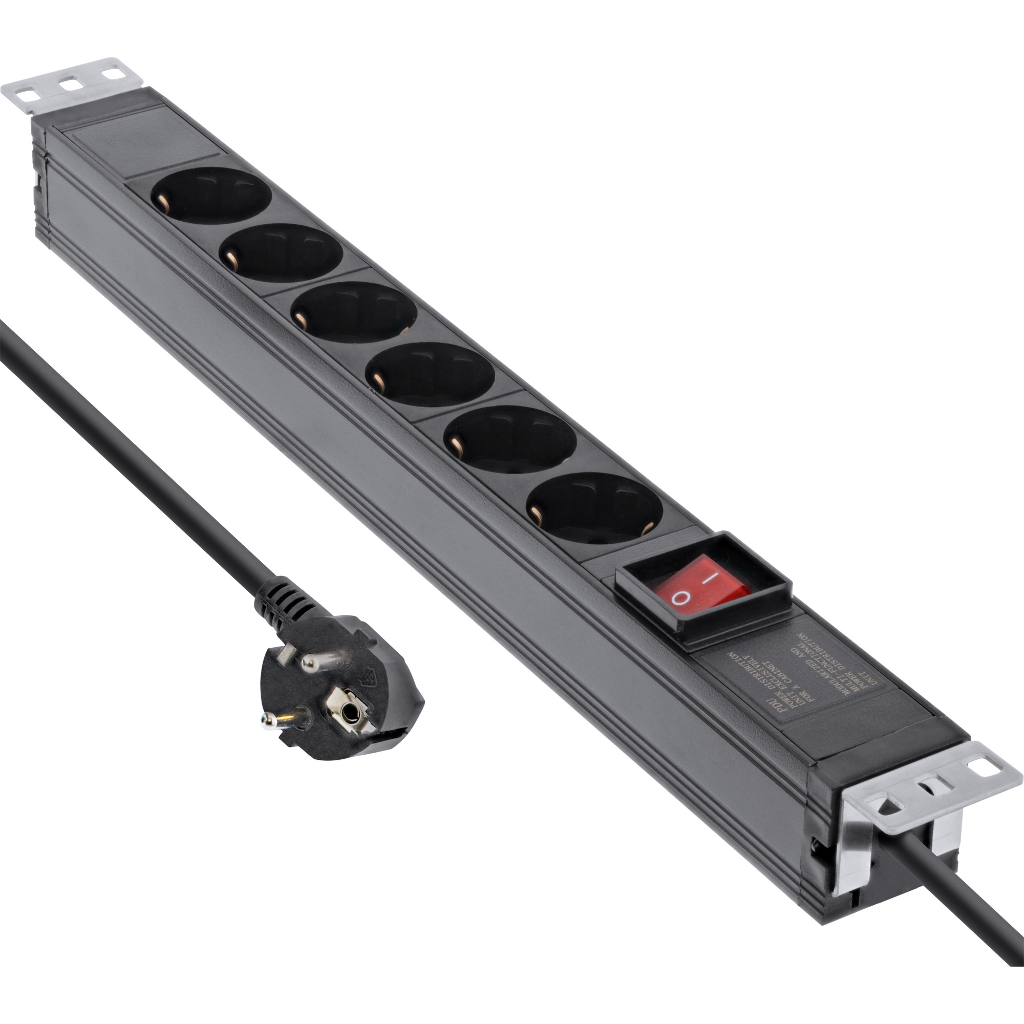 InLine® 19 Zoll Steckdosenleiste, 6-fach Schutzkontakt mit variablen Montagewinkeln, mit Schalter, 2m, schwarz