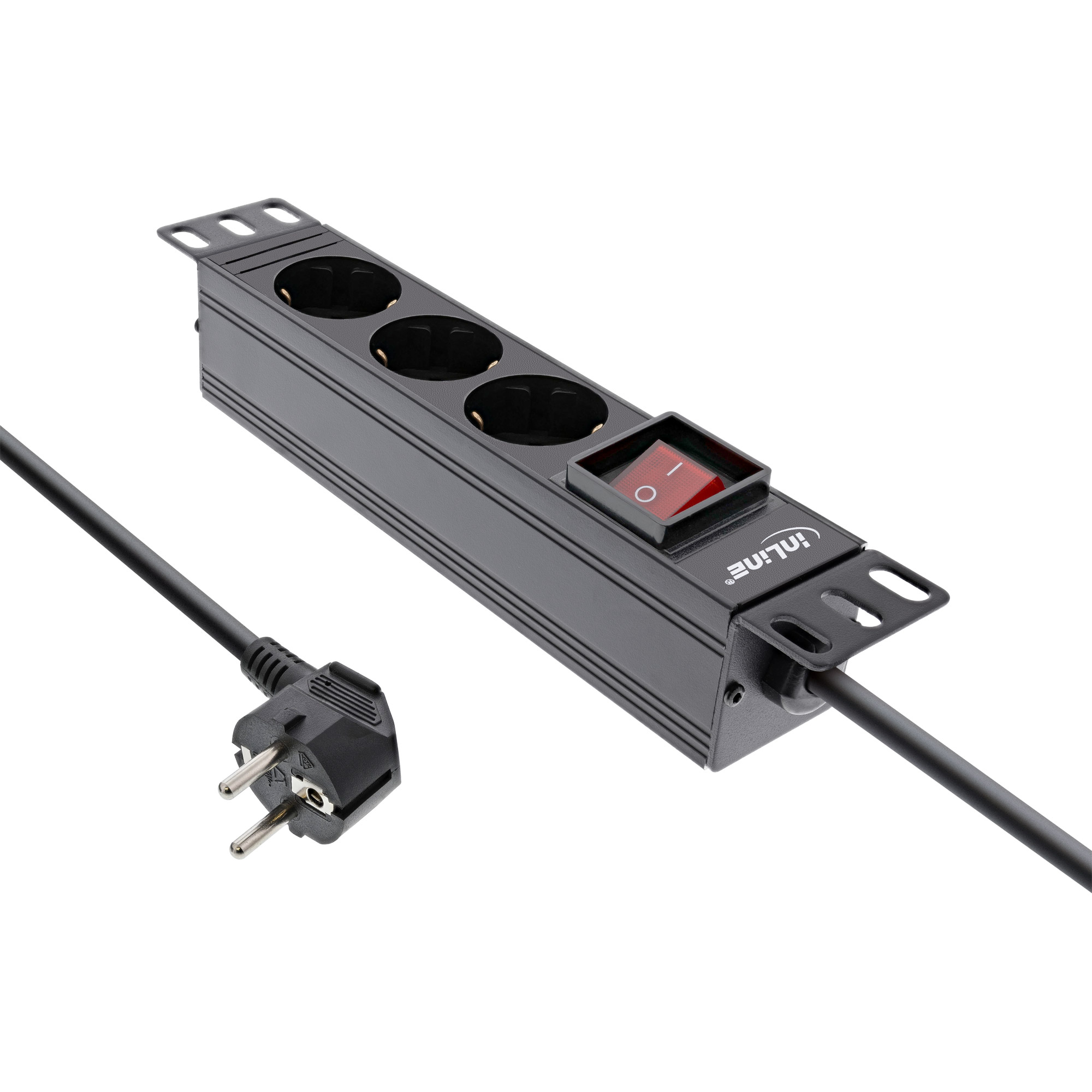 InLine® 10 Zoll Steckdosenleiste, 3-fach Schutzkontakt, mit Schalter, 2m, schwarz