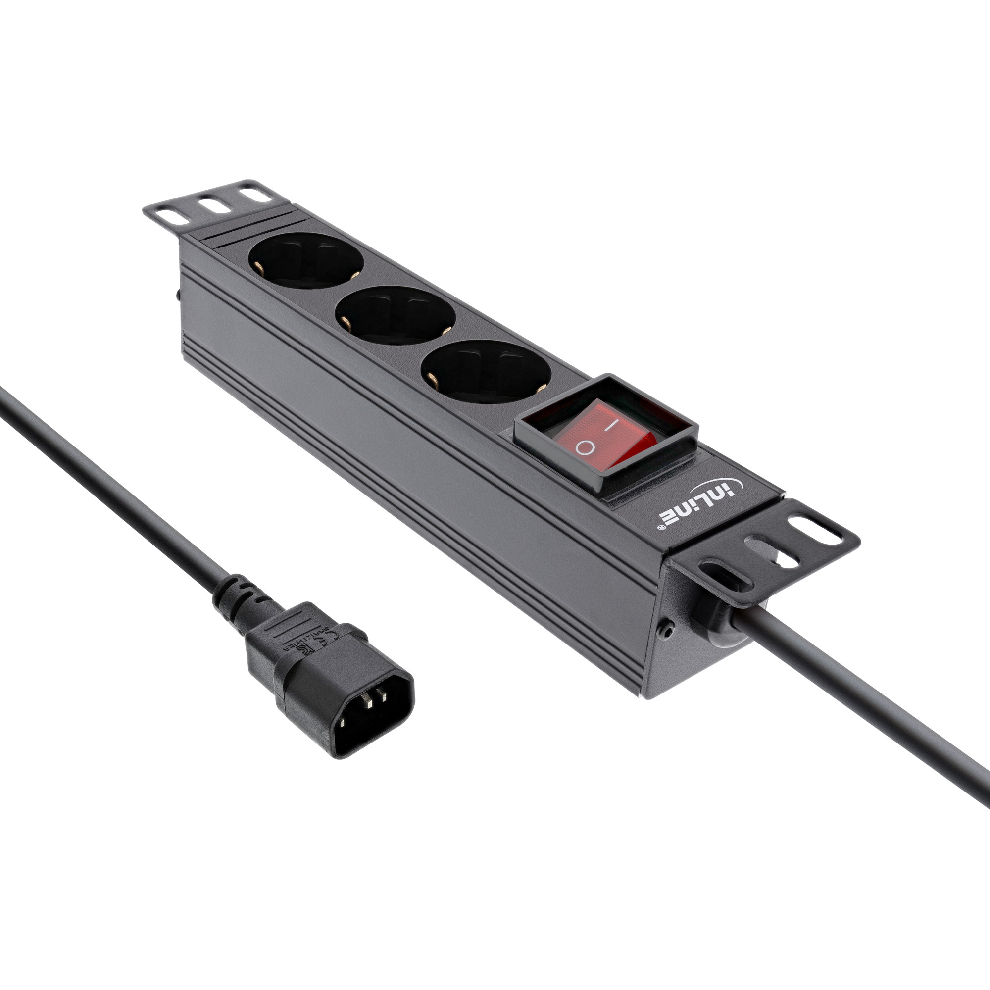 InLine® 10 Zoll Steckdosenleiste, 3-fach Schutzkontakt, C14 Anschluss, mit Schalter, 2m, schwarz