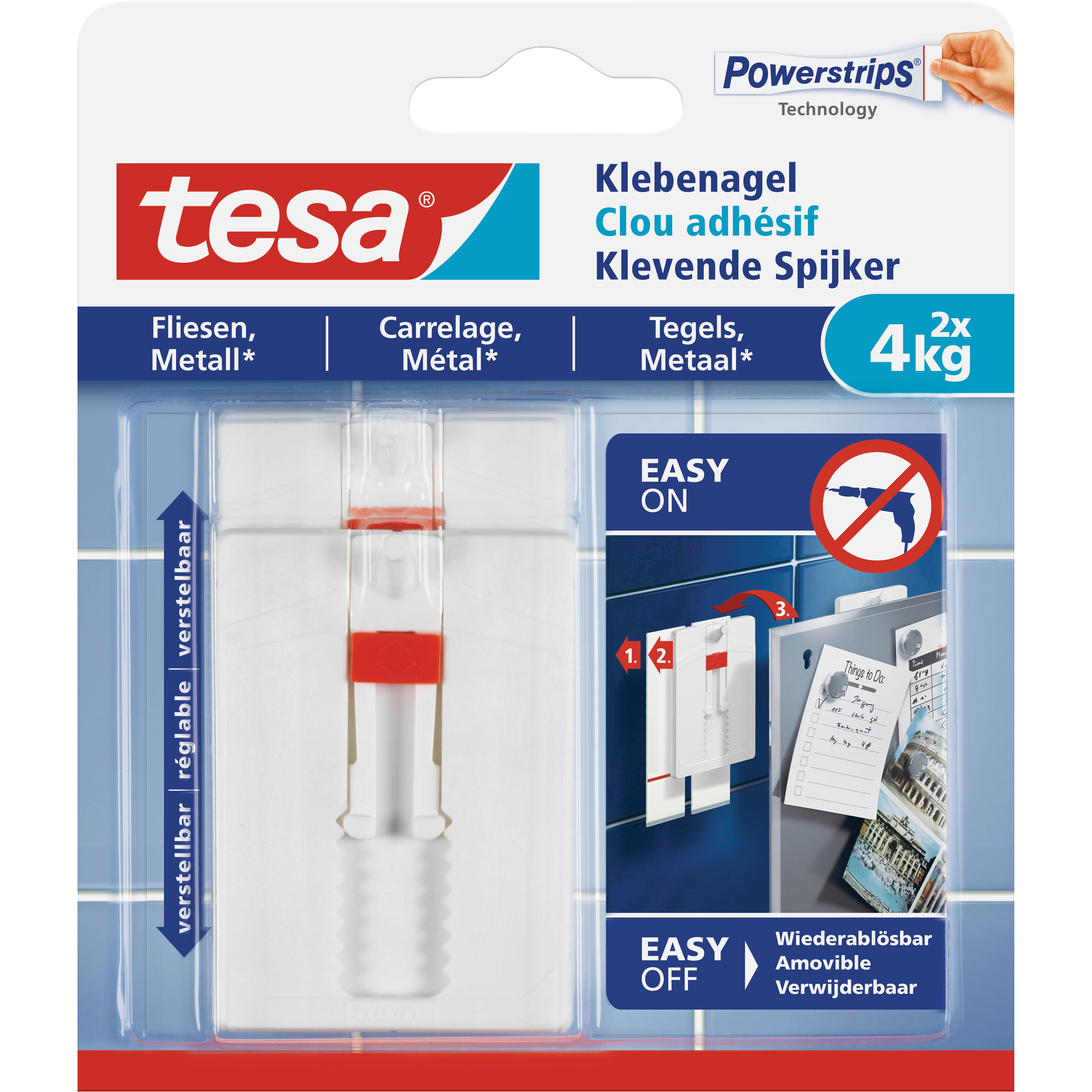tesa Klebenagel, 2 Stück, für Fliesen und Metall, bis zu 4kg pro Nagel, verstellbar, weiß