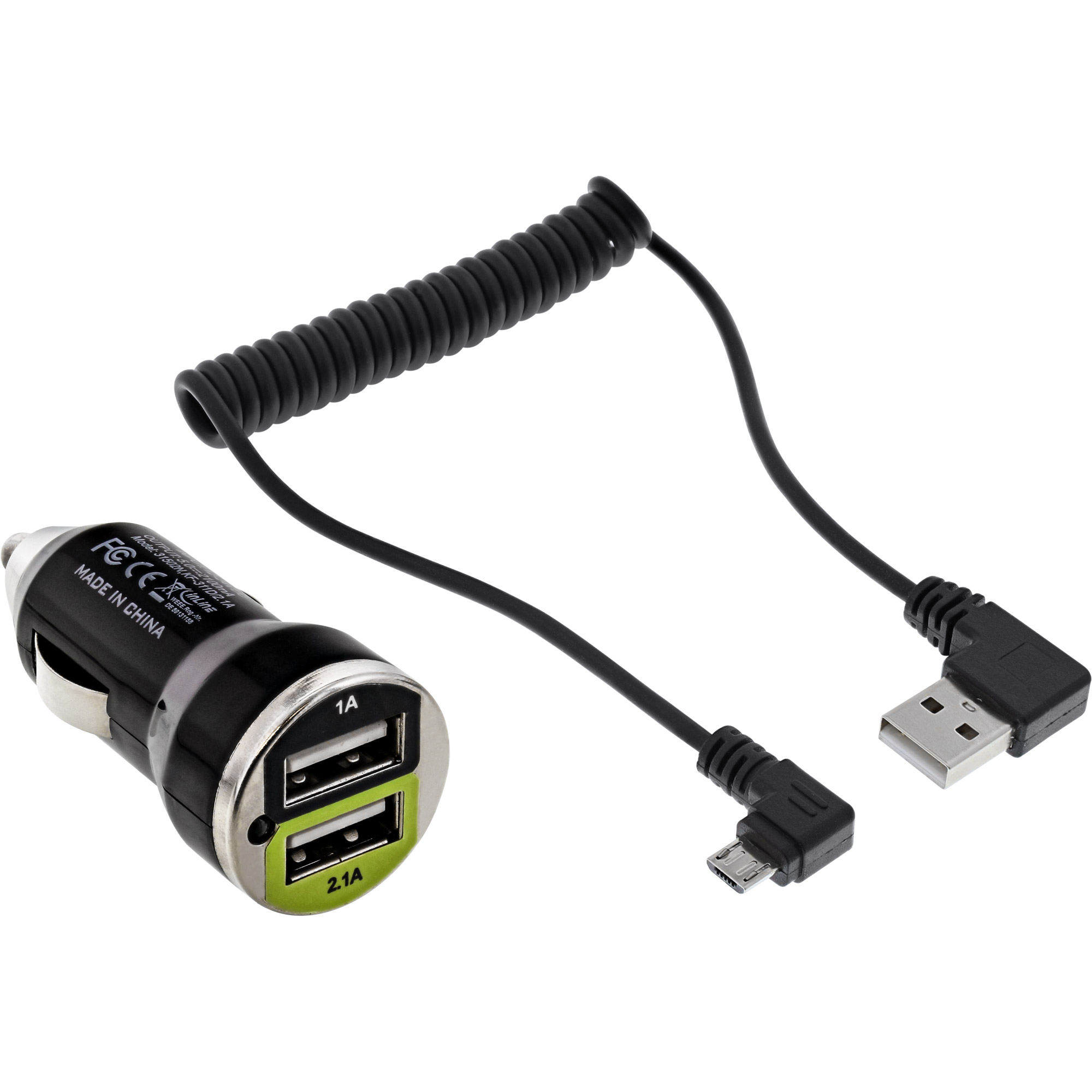 InLine® USB DUAL+ KFZ-Ladeset, Stromadapter mit 1m Spiralkabel, 12/24VDC zu 5V DC/2.1A