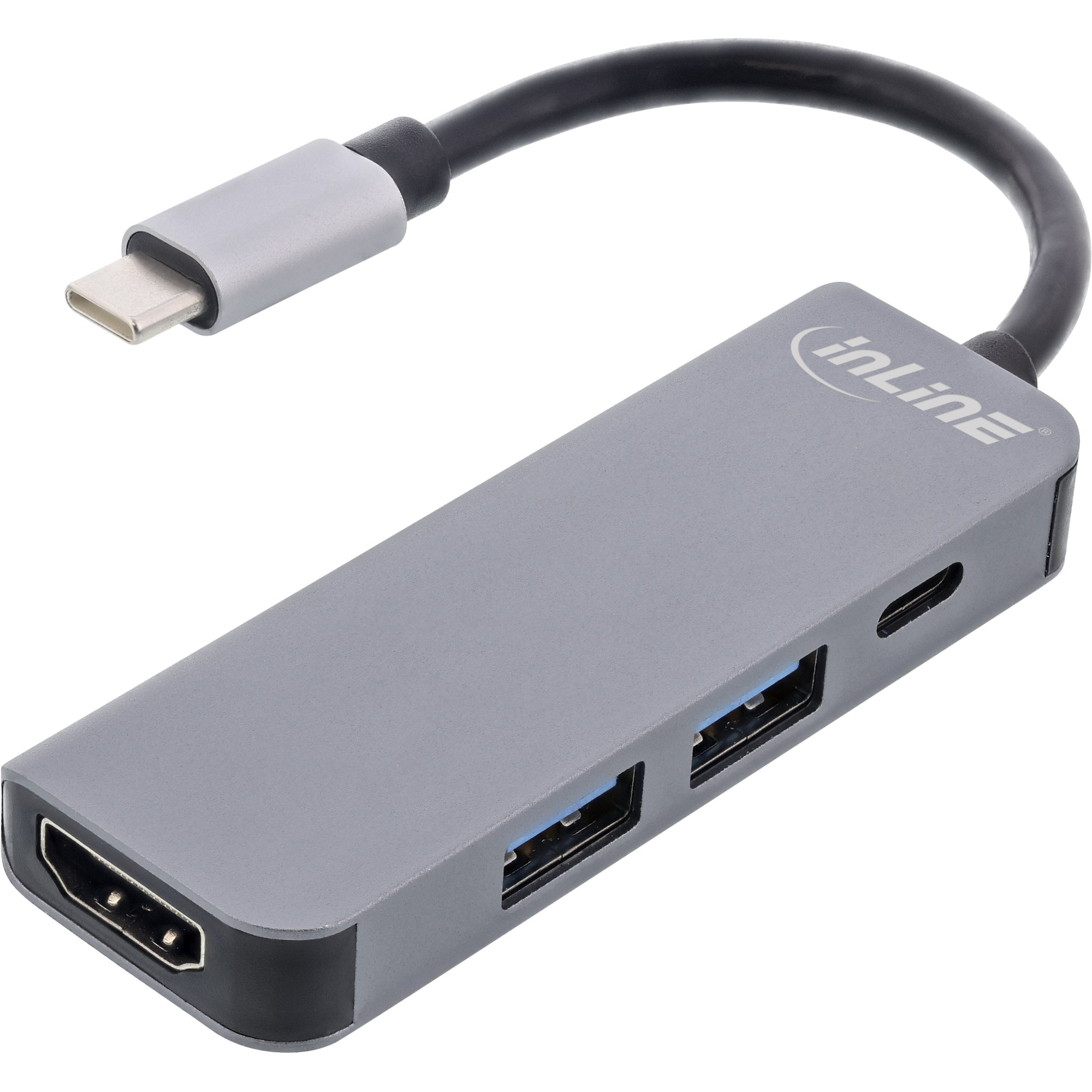 InLine® Multifunktions-Hub USB 3.2 Gen.1, 2x USB-A 5Gb/s + HDMI 4K/30Hz + USB-C PD 87W, Aluminium, grau