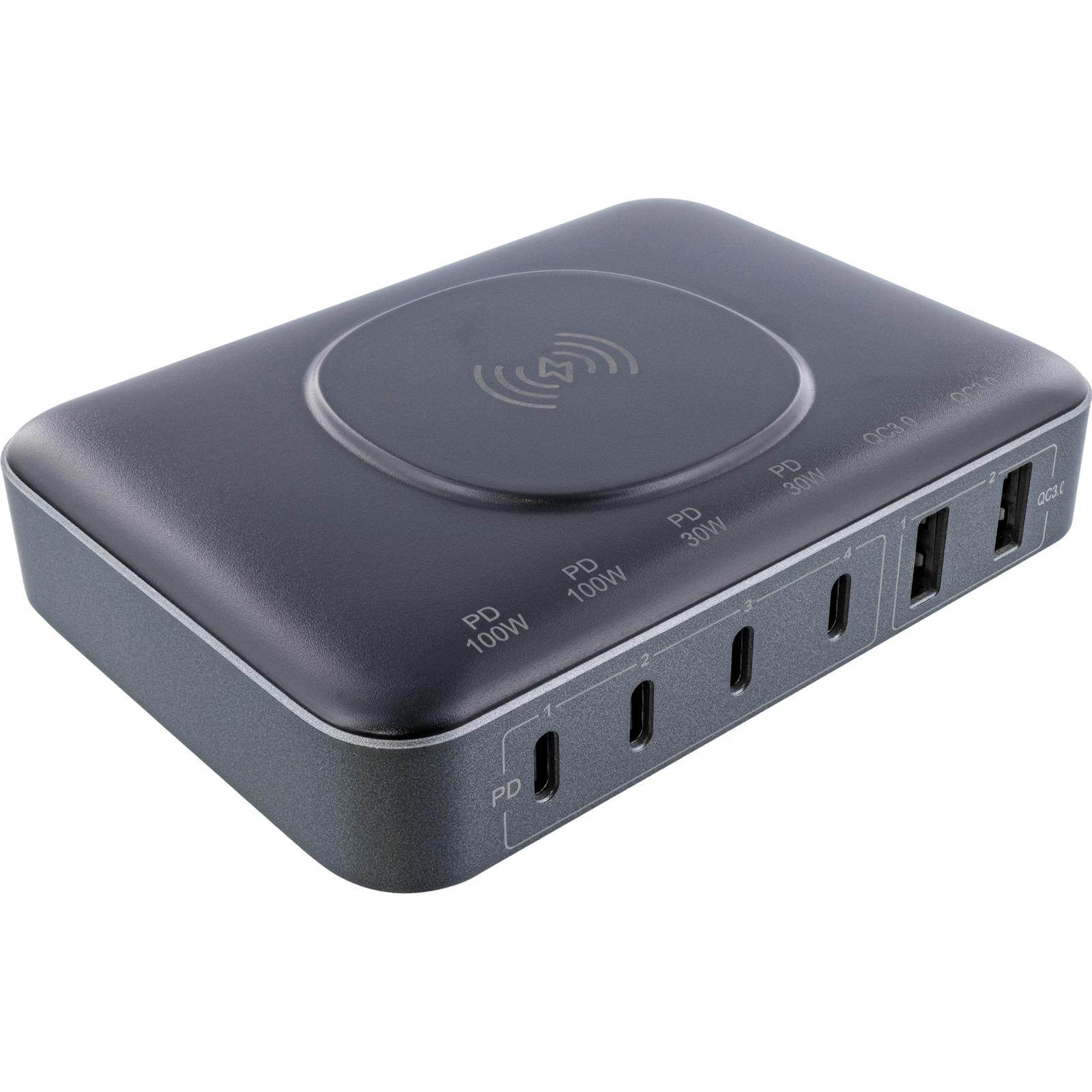 InLine® Qi Powerstation Multiport, Netzteil, Ladegerät, 4x USB-C, 2x USB-A, GaN, 100W, Wireless charging 15W, schwarz