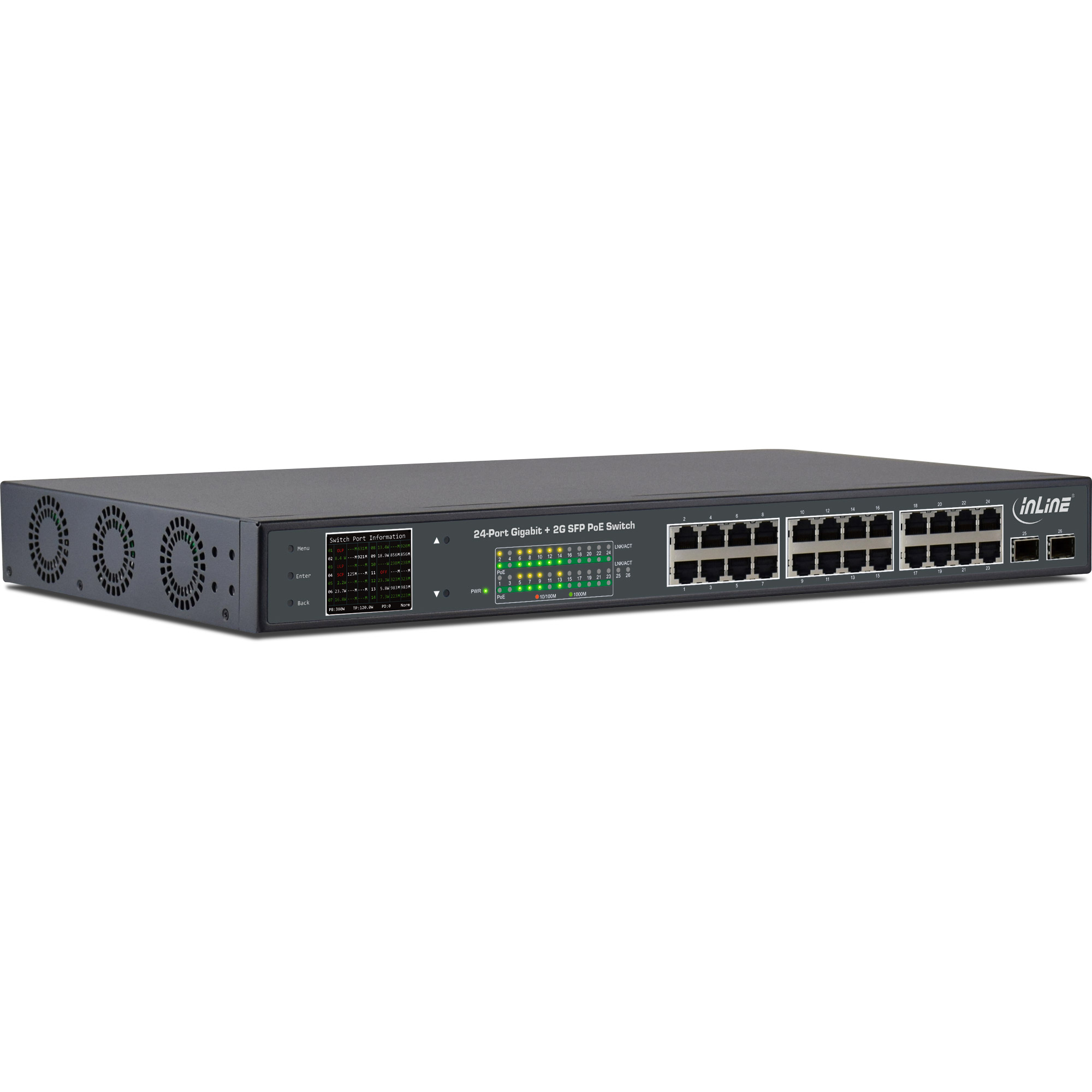 InLine® PoE+ Gigabit Netzwerk Switch 24 Port, 1Gb/s, 2xSFP, 19 Zoll 1HE (Winkel enthalten), Metall, Lüftersteuerung, mit Display, 420W
