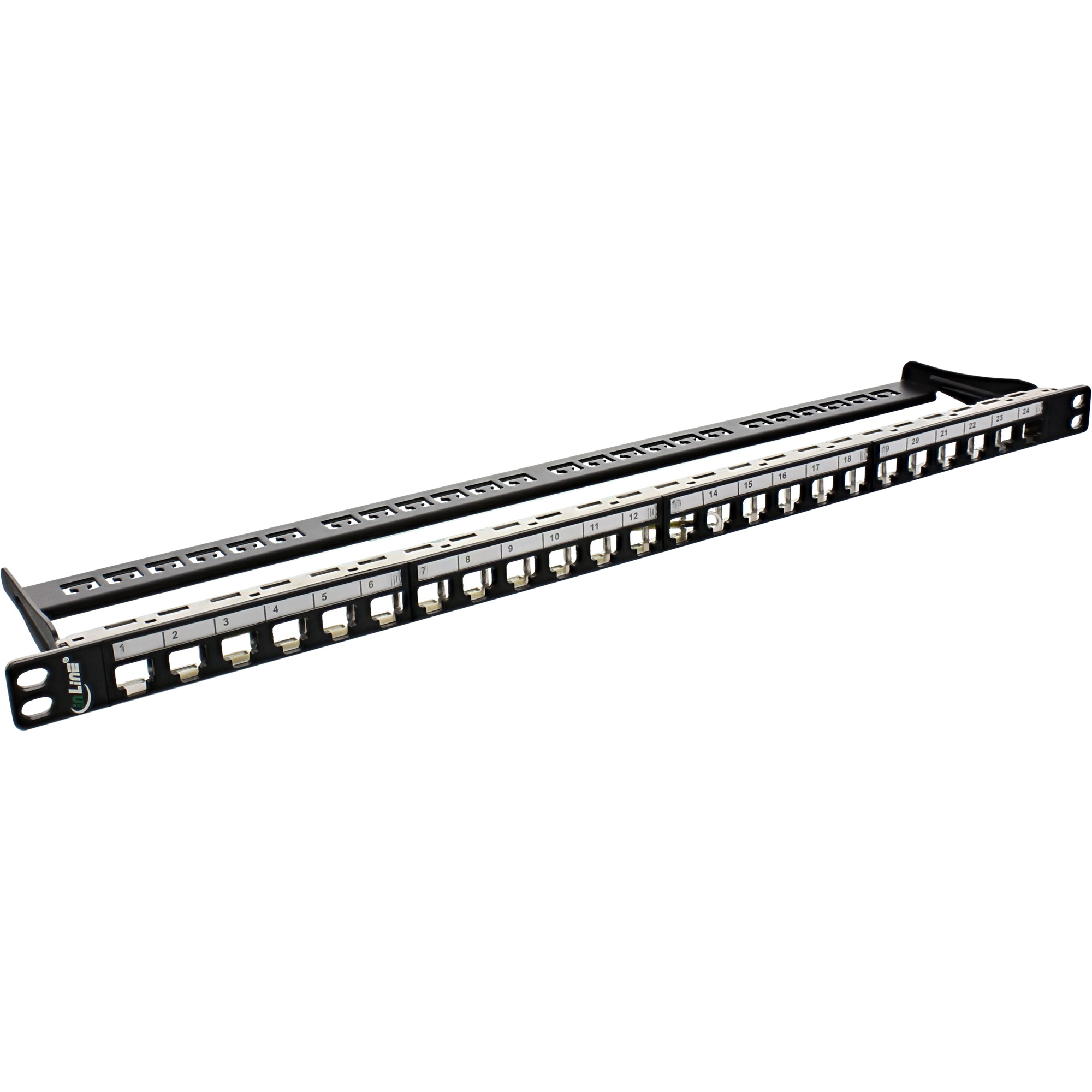 InLine® Patchfeld Cat.6A 24-fach, RJ45 Keystone Leerblech Patchpanel, 48,26cm (19 Zoll), 0,5HE, schwarz