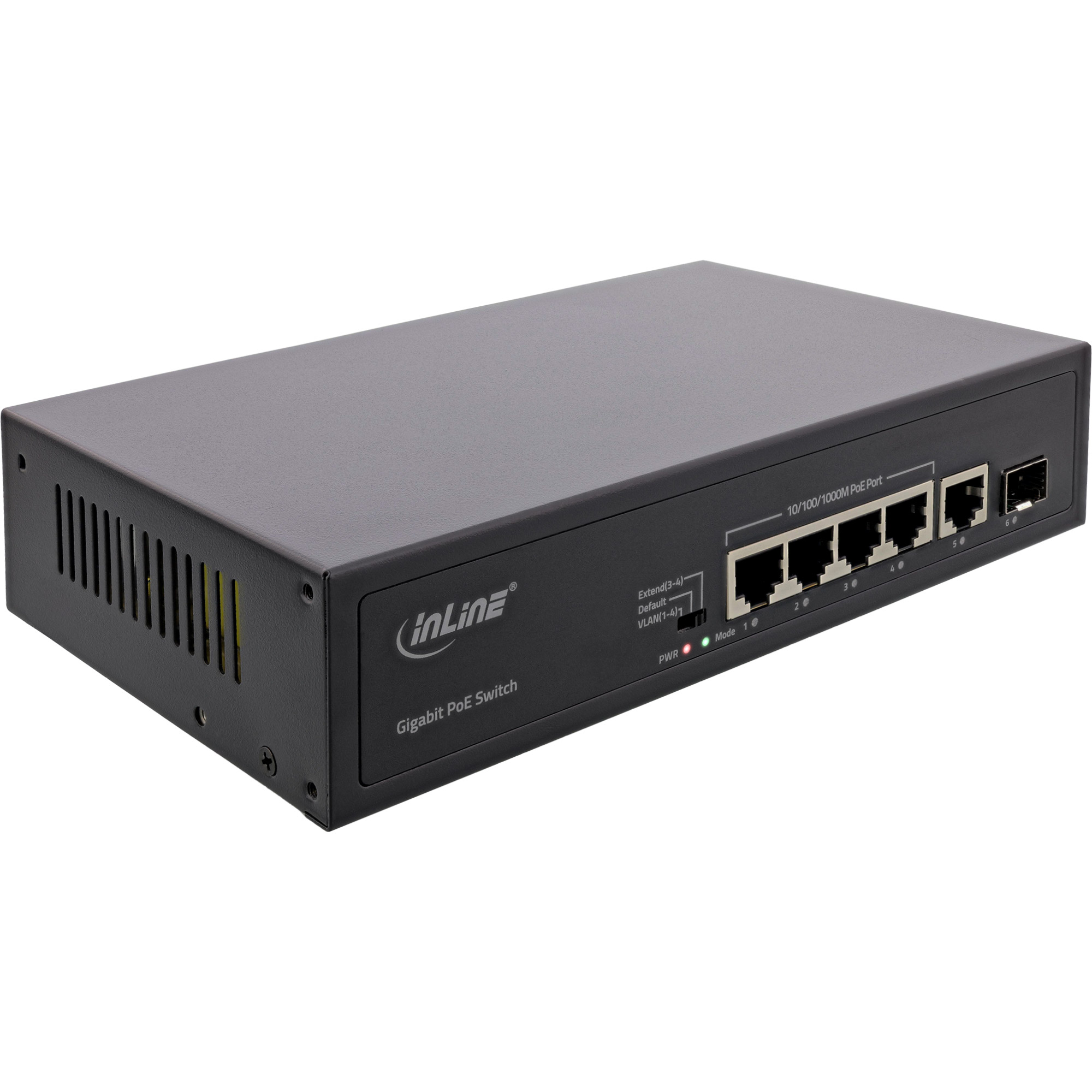 InLine® PoE+ Gigabit Netzwerk Switch 5 Port (4x PoE+), 1xSFP, 1Gb/s, Desktop, Metall, lüfterlos