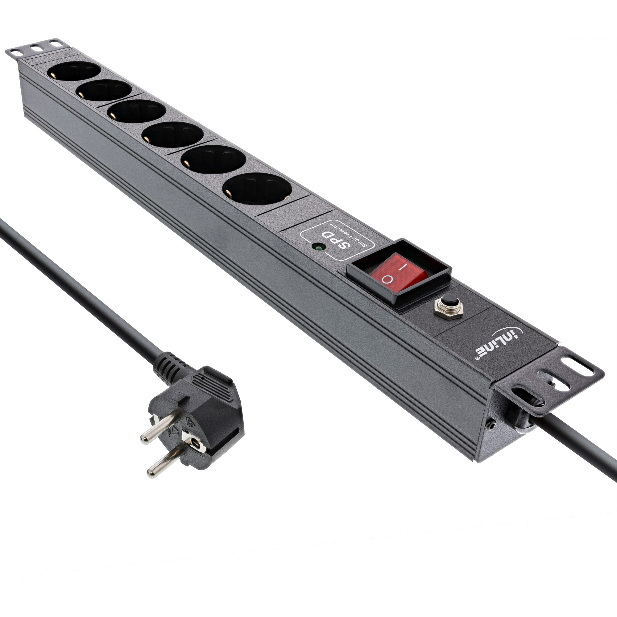 InLine® 19 Zoll Steckdosenleiste, 6-fach Schutzkontakt, ÜSS, Überlastschutz, Schalter