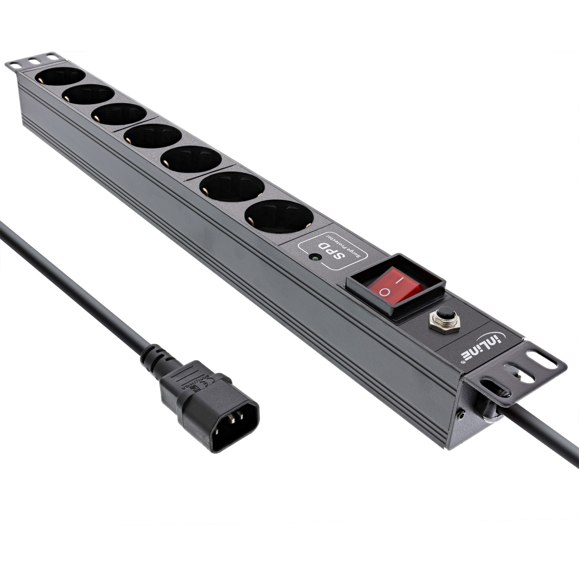 InLine® 19 Zoll Steckdosenleiste, 7-fach Schutzkontakt, C14 Anschluss, ÜSS, Überlastschutz