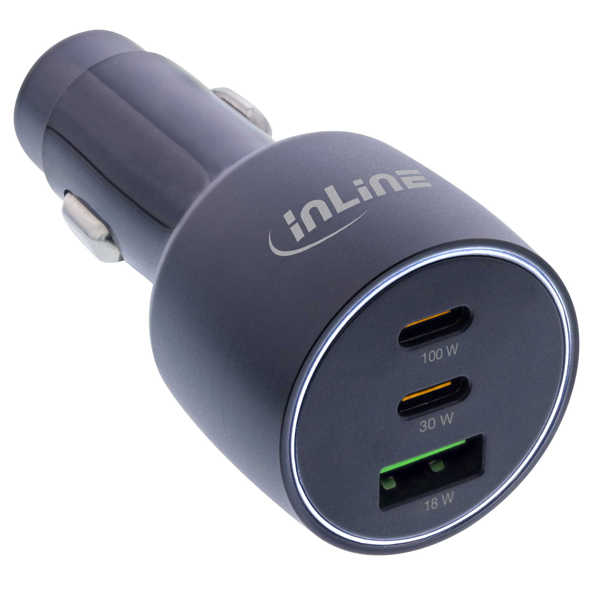 InLine® USB KFZ Stromadapter Power Delivery, 2x USB-C + QC USB-A, schwarz, max. 100W