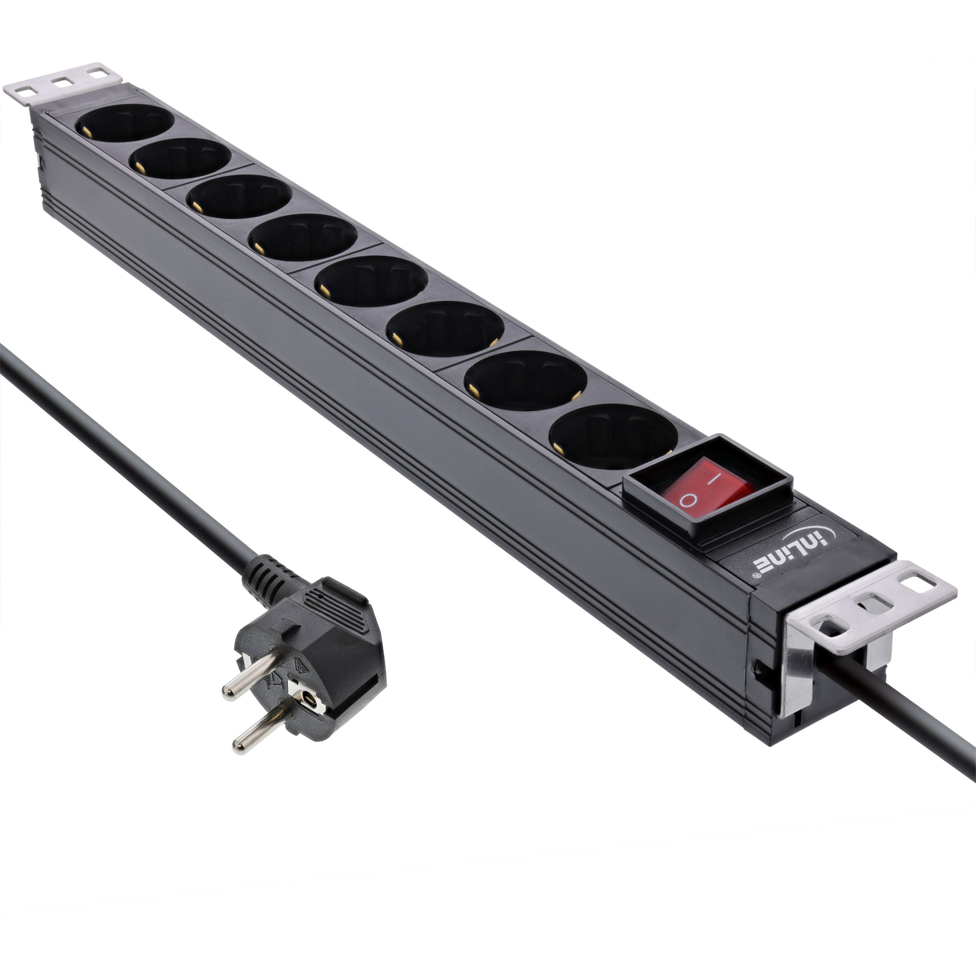 InLine® 19 Zoll Steckdosenleiste, 8-fach Schutzkontakt, mit Schalter, 2m, schwarz, variable Montagewinkel