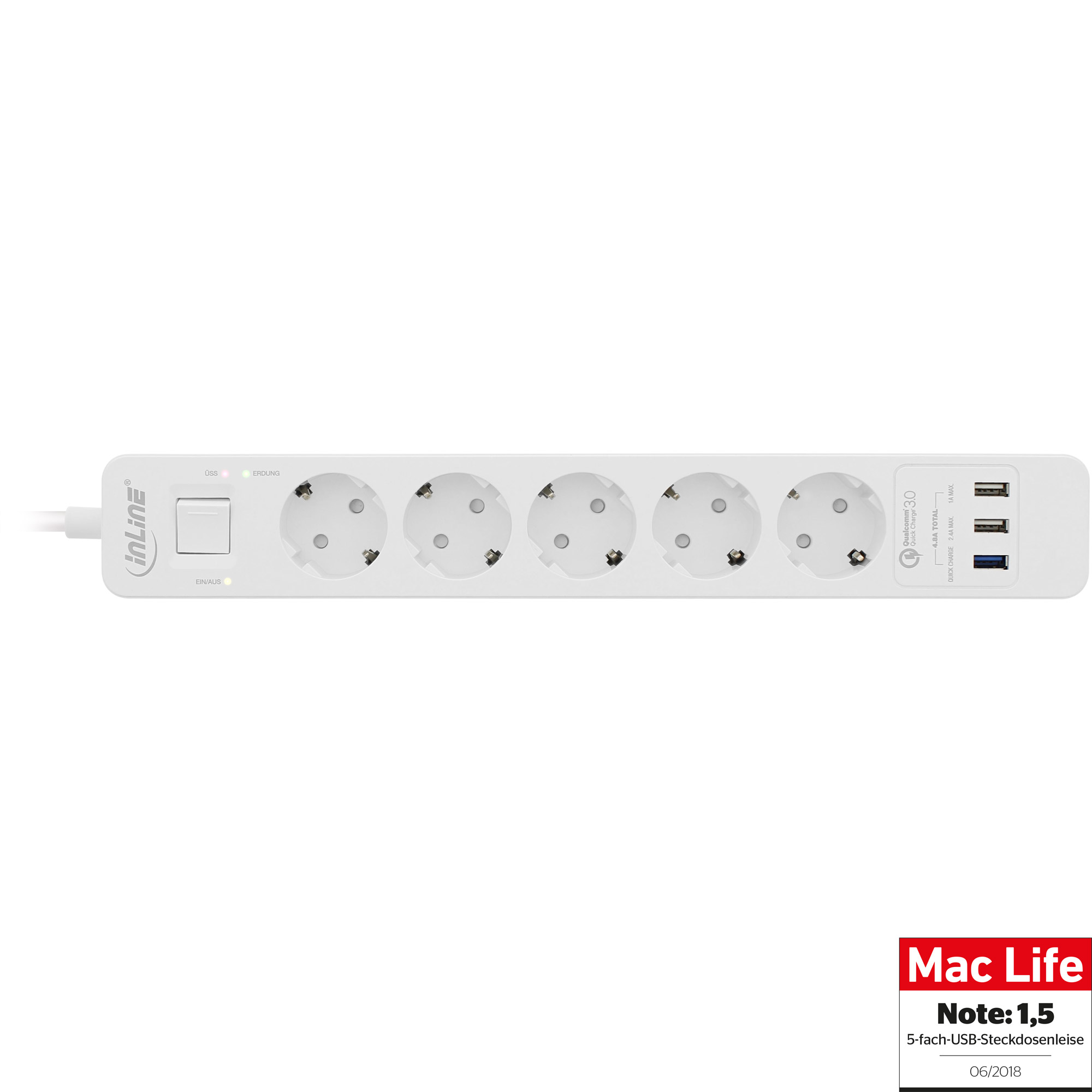InLine® Steckdosenleiste, 5-fach Schutzkontakt, Überspannungsschutz und QuickCharge USB, mit Schalter, 1,5m, weiß
