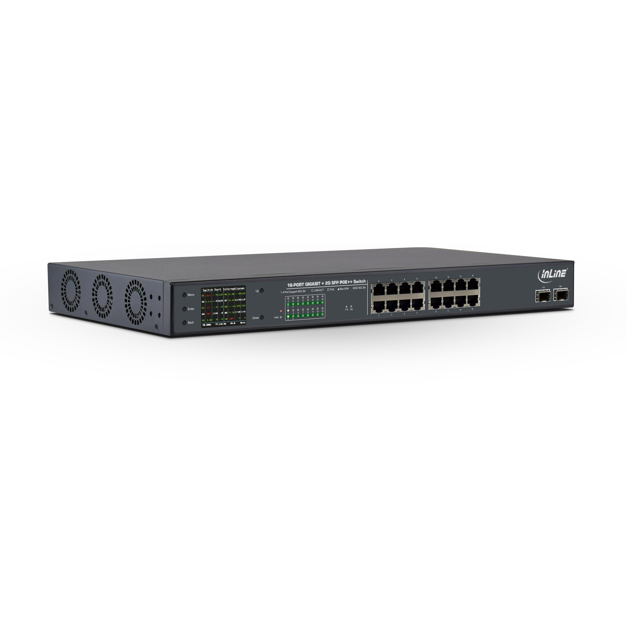 InLine® PoE++ Gigabit Netzwerk Switch 16 Port, 1Gb/s, 2xSFP, 19 Zoll 1HE, Metall, Lüftersteuerung, mit Display, Passwortschutz, 300W