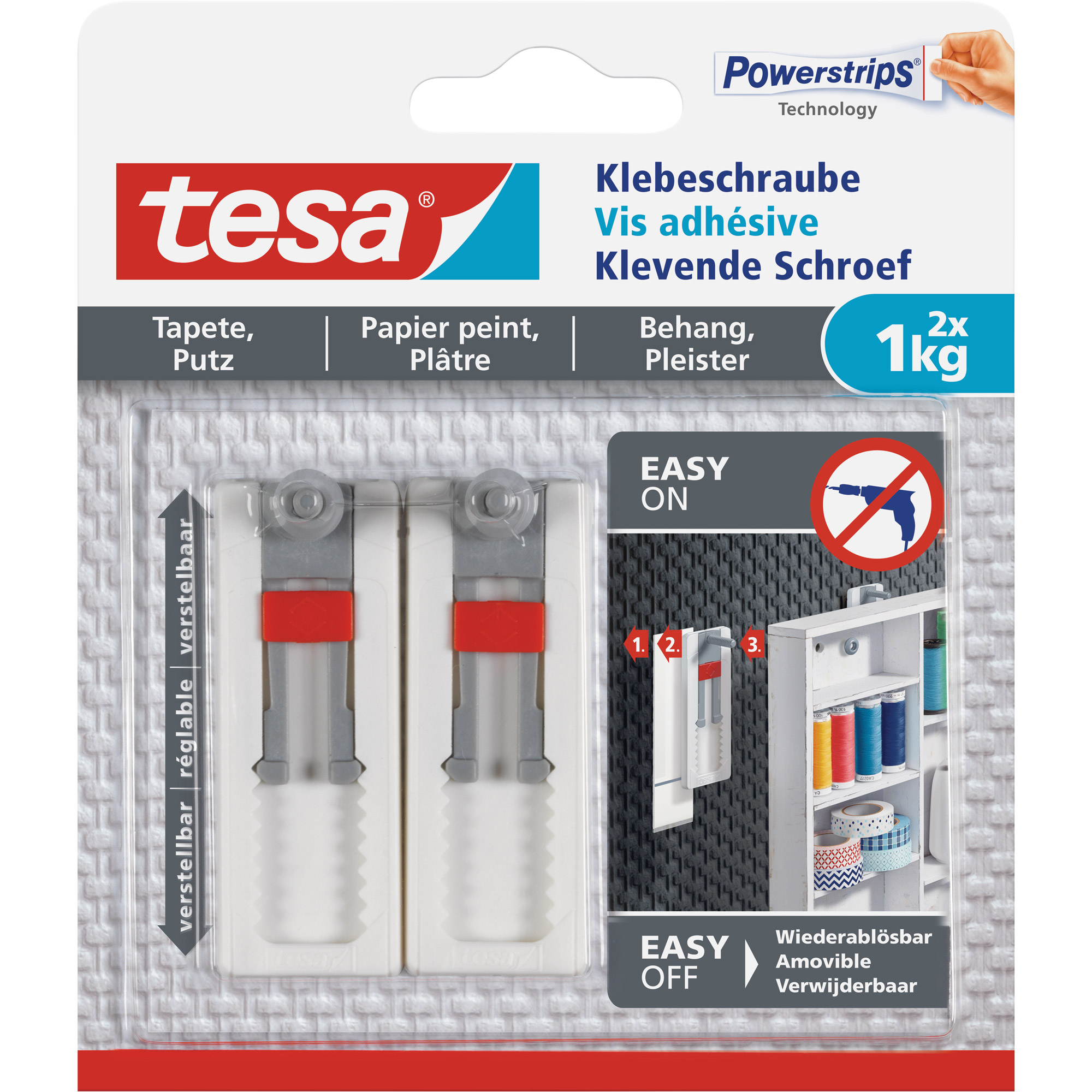 tesa Klebeschraube, 2 Stück, für Tapeten und Putz, bis zu 1kg pro Schraube, verstellbar, weiß