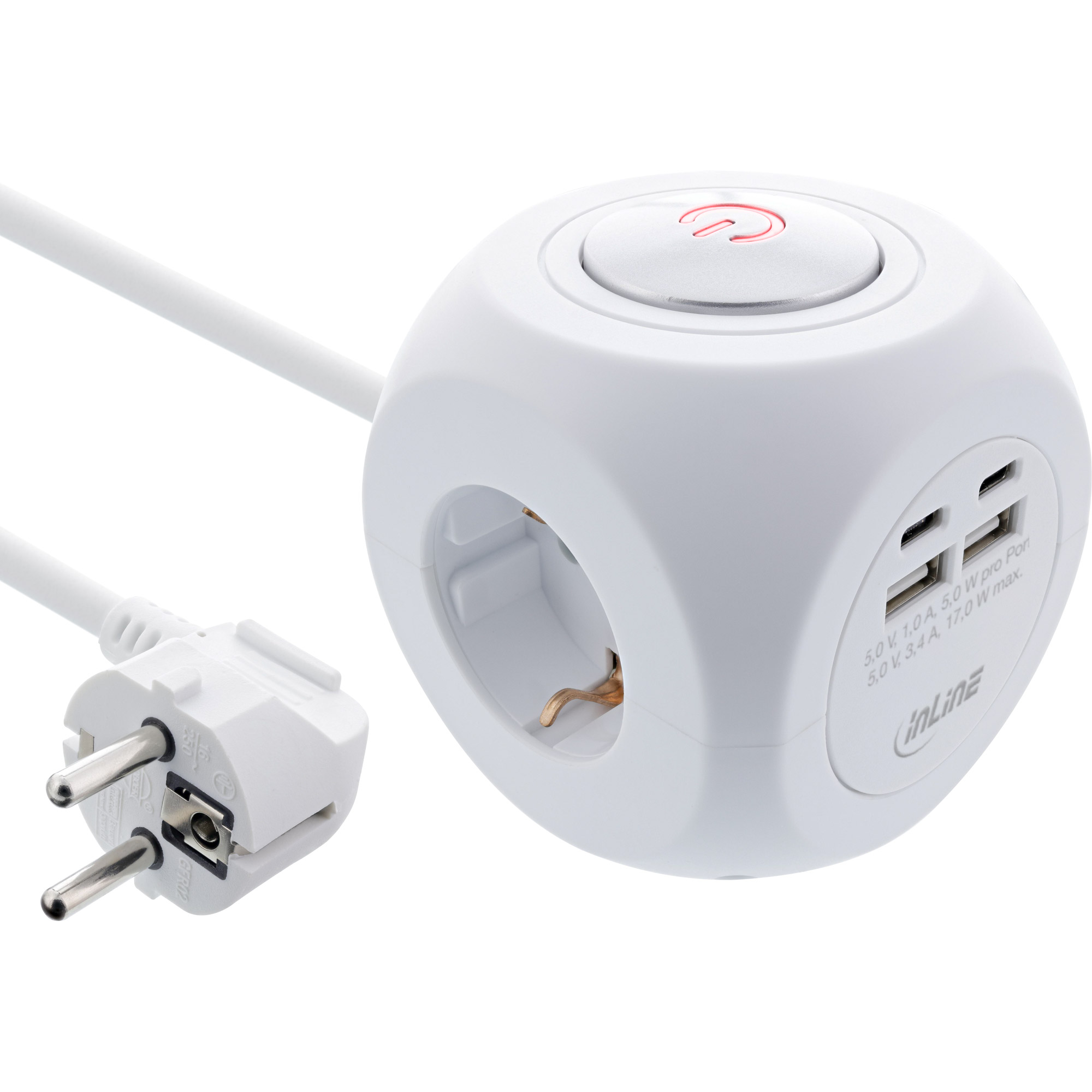 InLine® Charging Cube, 3x Schutzkontakt, 2x USB-C, 2x USB-A, weiß, 2m