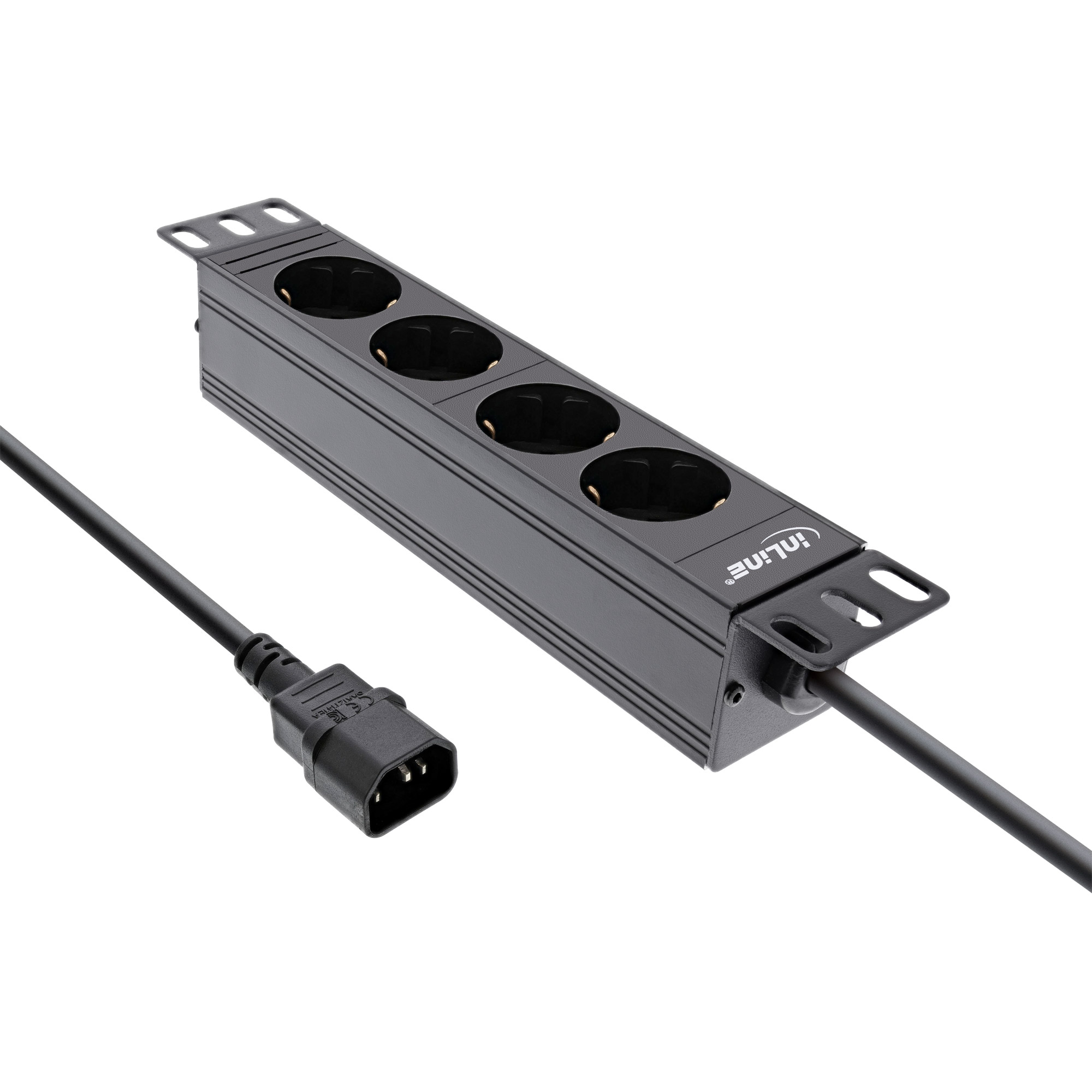 InLine® 10 Zoll Steckdosenleiste, 4-fach Schutzkontakt, C14 Anschluss, ohne Schalter, 2m, schwarz