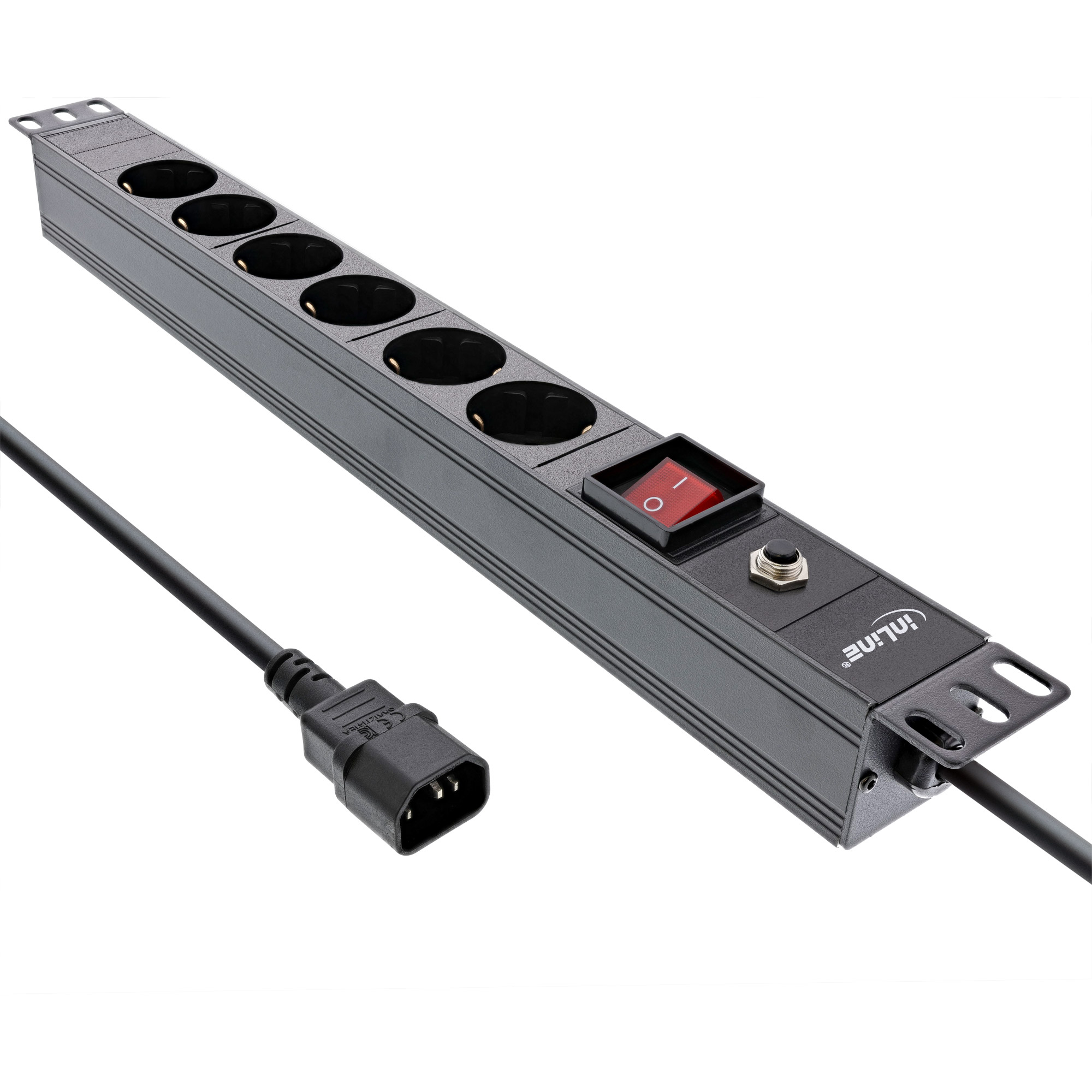 InLine® 19 Zoll Steckdosenleiste, 6-fach Schutzkontakt, C14 Anschluss, Überlastschutz, Schalter, 2m, schwarz