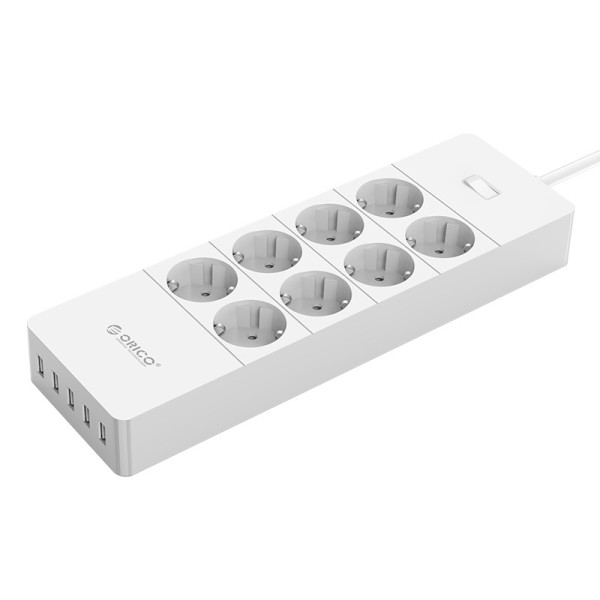 Steckdosenleiste mit acht Buchsen und fünf USB-Ladeanschlüssen - Weiß