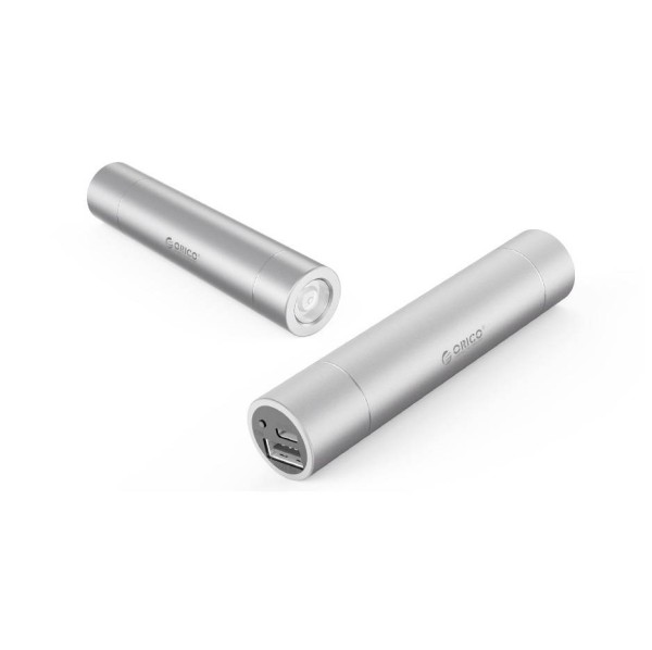 Aluminium Mini Power Bank 3350mAh - Inklusive Taschenlampe - Silber