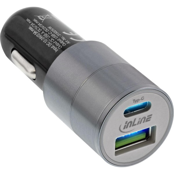 InLine® USB KFZ Ladegerät Stromadapter Quick Charge 3.0, 12/24VDC zu 5V DC/3A, USB-A + USB-C, schwar