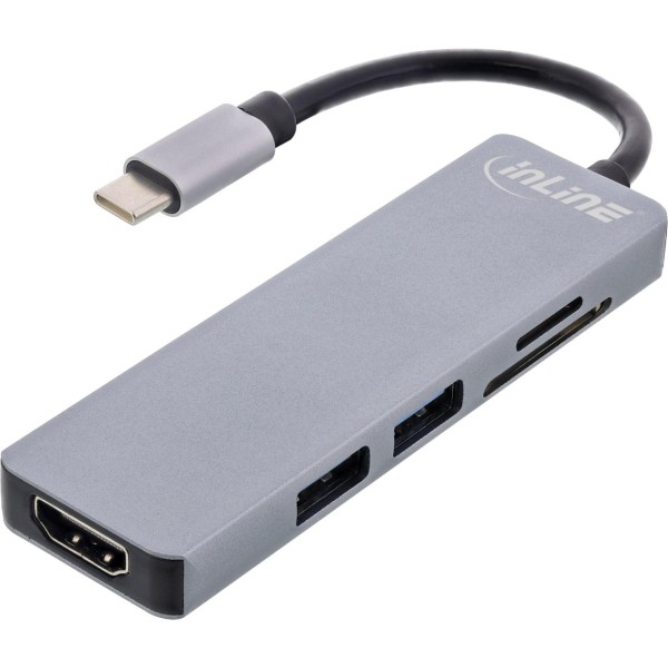 InLine® Multifunktions-Hub USB 3.2 Gen.1, 2x USB-A 5Gb/s + HDMI 4K/30Hz + Cardreader, Aluminium, gra