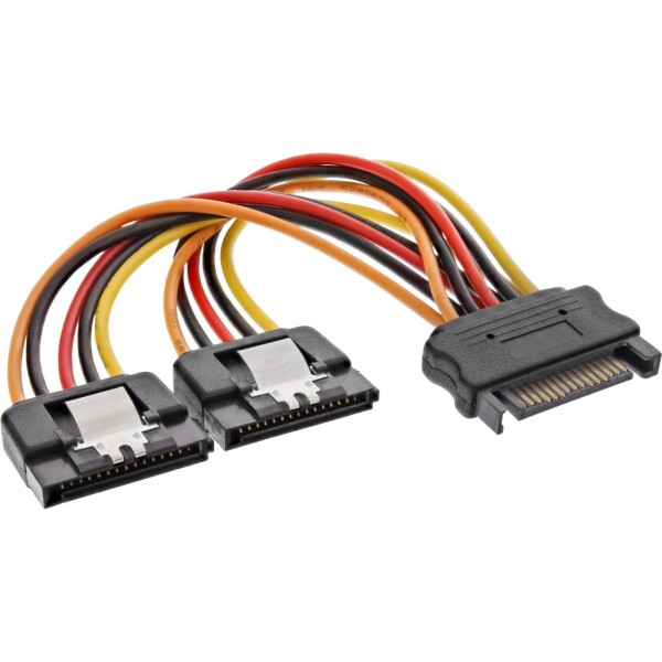 InLine® SATA Strom-Y-Kabel, SATA Buchse an 2x SATA Stecker mit Sicherheitslasche, 0,15m