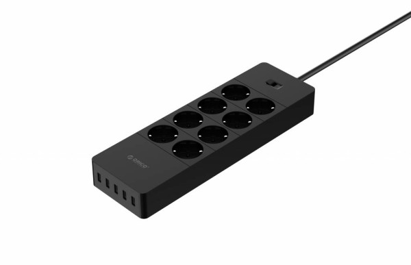 Steckdosenleiste mit acht Steckdosen und fünf USB-Ladeanschlüssen - Schwarz