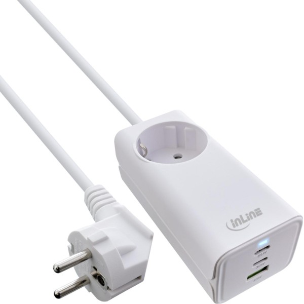 InLine® USB Netzteil, 65W Ladegerät, 2x USB-C + 1x USB-A, mit Schutzkontaktbuchse und 1,5m Kabel, PD