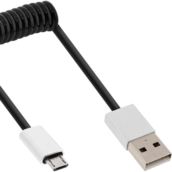 InLine® Micro-USB 2.0 Spiralkabel, USB-A Stecker an Micro-B Stecker, schwarz/Alu, flexibel, 1m