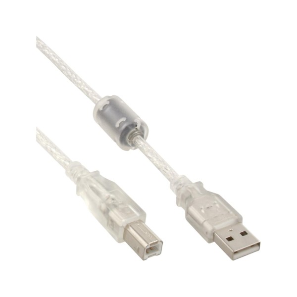 InLine® USB 2.0 Kabel, A an B, transparent, mit Ferritkern, 0,3m