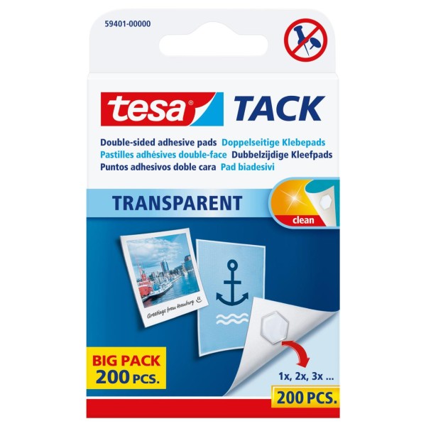 tesa® TACK Klebepads, 200 Stück, wiederverwendbar, transparent