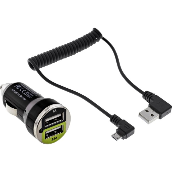 InLine® USB DUAL+ KFZ-Ladeset, Stromadapter mit 1m Spiralkabel, 12/24VDC zu 5V DC/2.1A