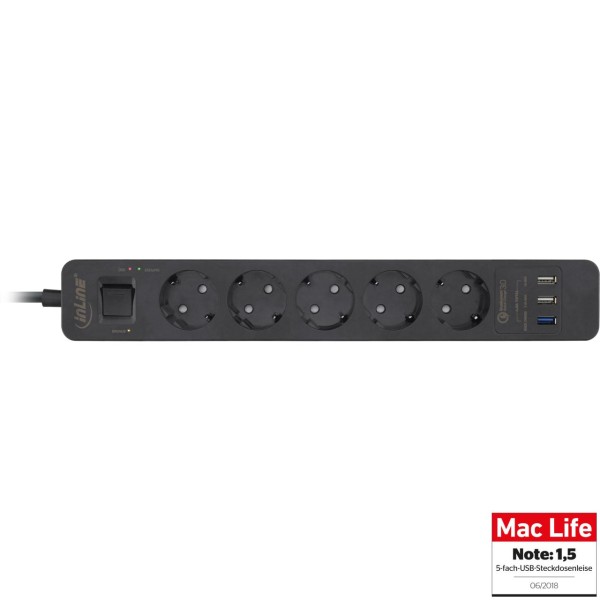 InLine® Steckdosenleiste, 5-fach Schutzkontakt, Überspannungsschutz und QuickCharge USB, mit Schalte