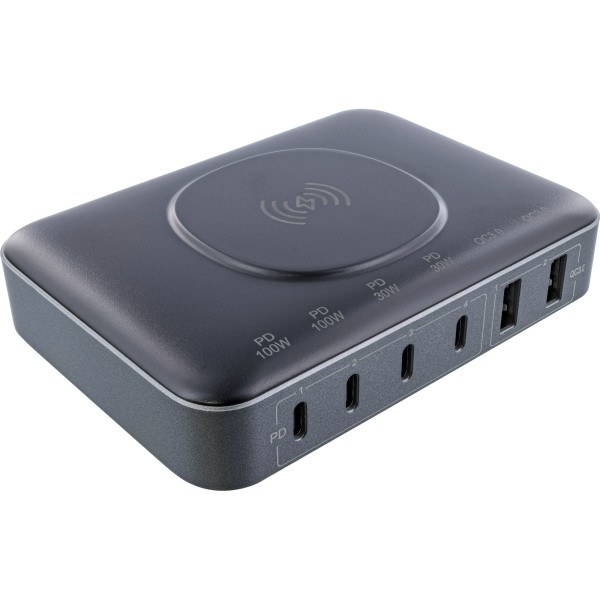 InLine® Qi Powerstation Multiport, Netzteil, Ladegerät, 4x USB-C, 2x USB-A, GaN, 100W, Wireless char